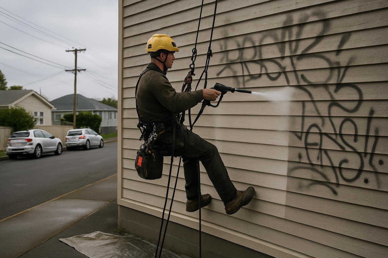 Technician abseiling down a building facade using rope access to remove graffiti with waterblasting equipment.